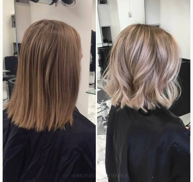 Before and after hairstyle transformation showing long straight brown hair changed to shorter wavy blonde hair