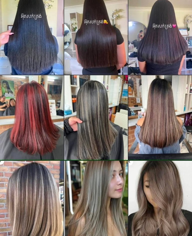 Grid of hair color transformation photos showing before and after styles in various shades including blue, burgundy, gray, and brown tones